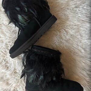 UGG Black Peacock Feathered Winter Boots with Swarovski Crystals
